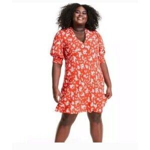 Rixo x Target Womens 4X 28W/30W Puff Sleeve Red Daisy Floral Mini Dress Babydoll